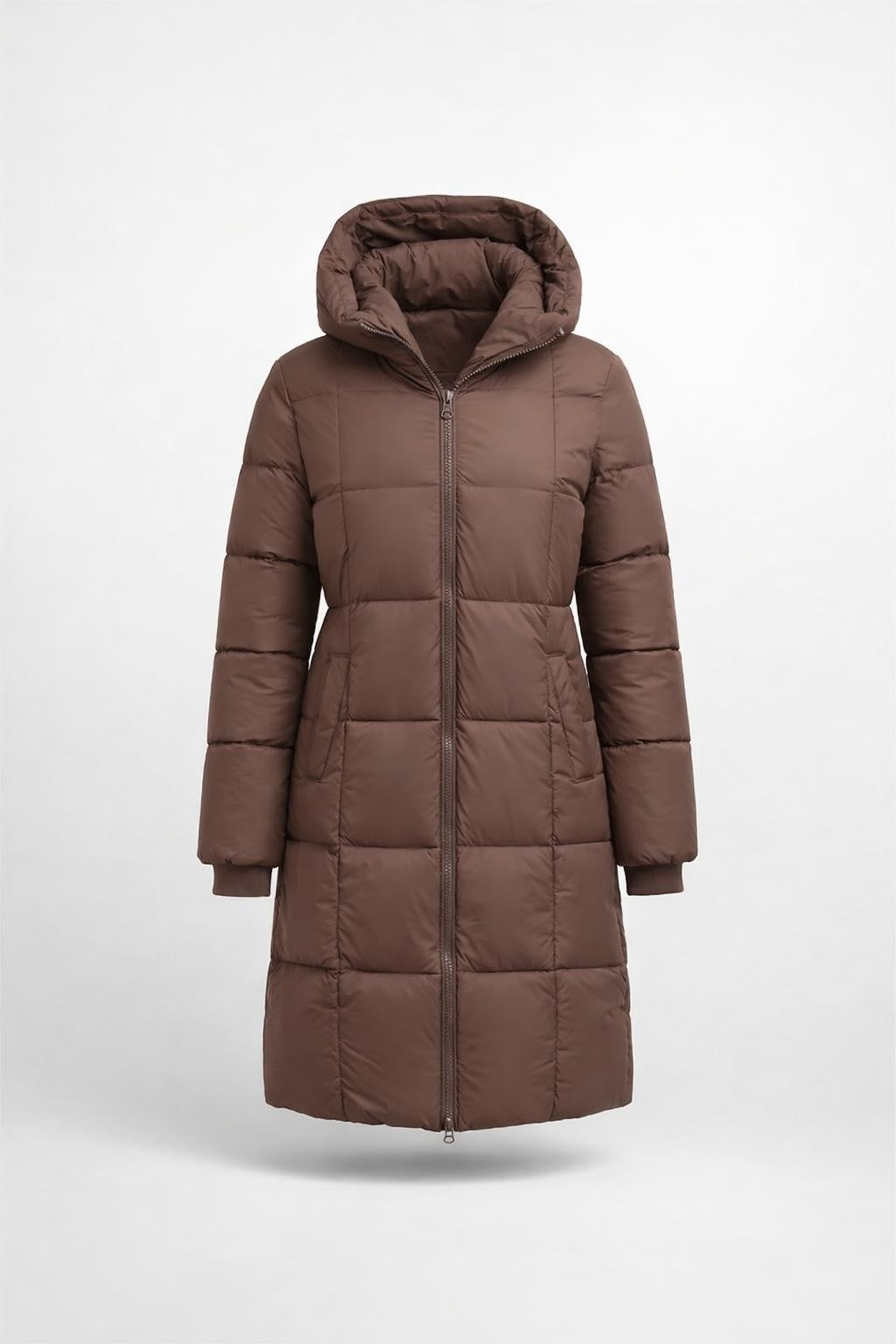 Amelia | Women's Long Brown Quilted Jacket with Side Slits