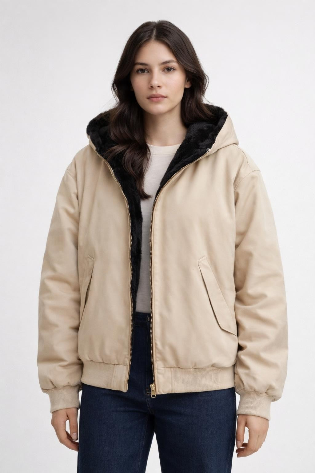 Reversible Faux Fur Lined Jacket - Apricot