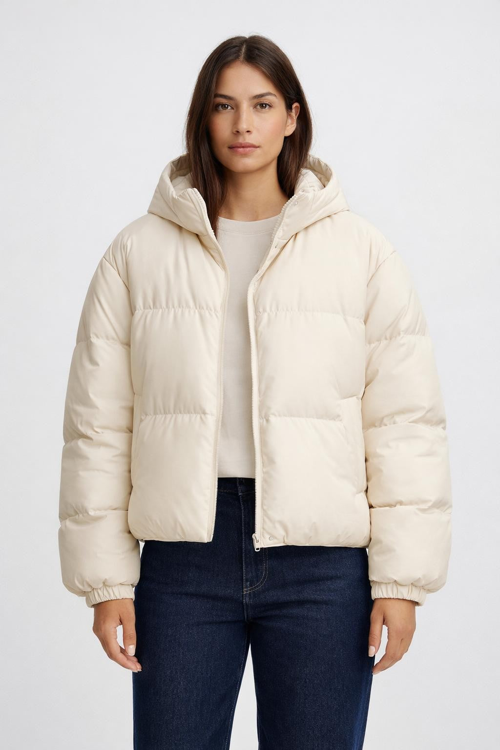 Warm Winter Jacket with Stand Collar - Apricot
