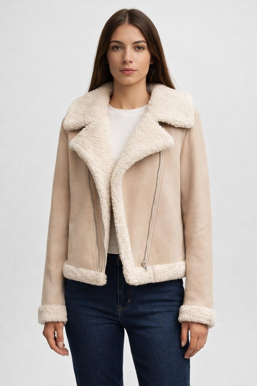Casual Long-Sleeve Fleece-Lined Jacket - Apricot