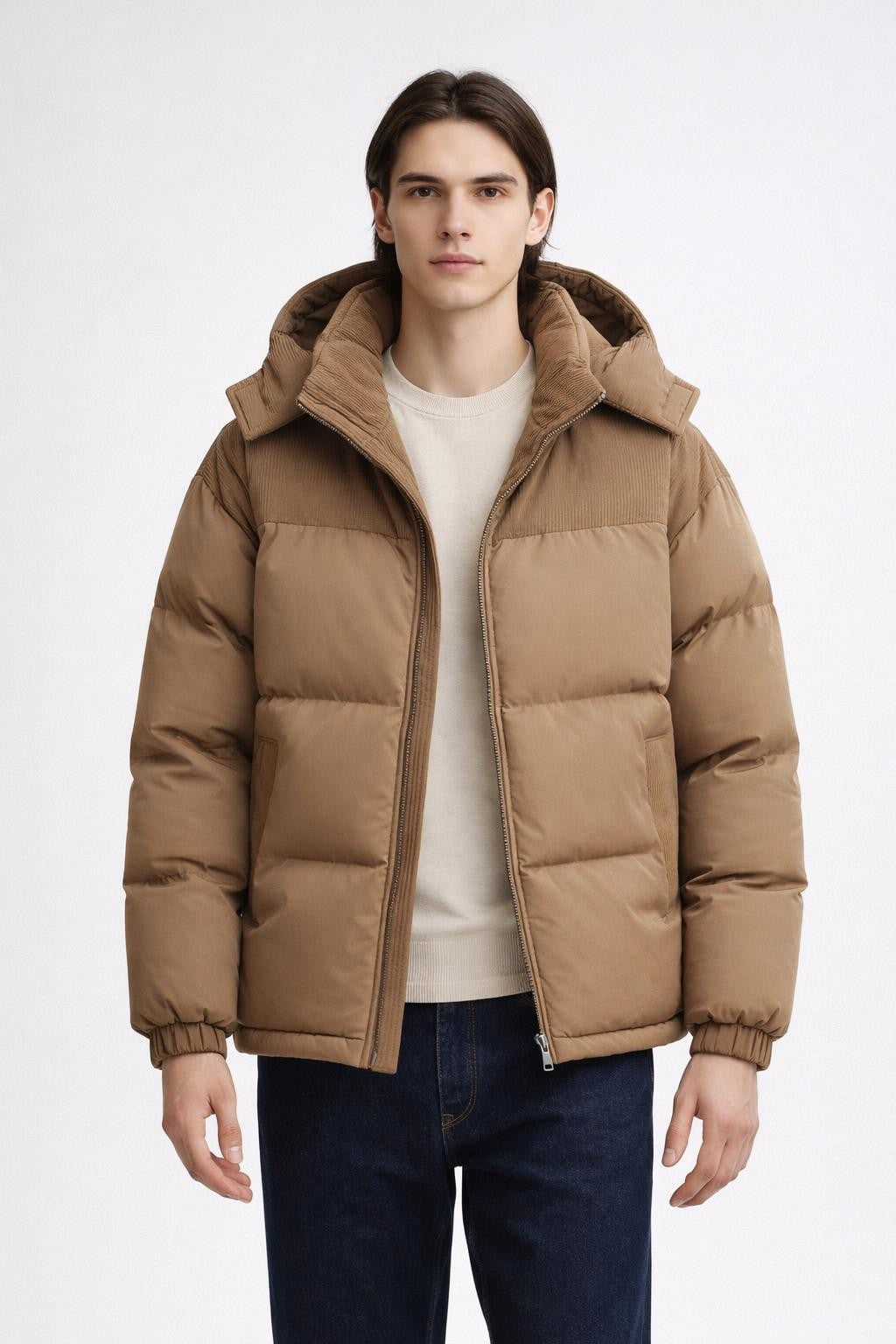 Colorblock Hooded Jacket with Plush Fill - Beige Brown