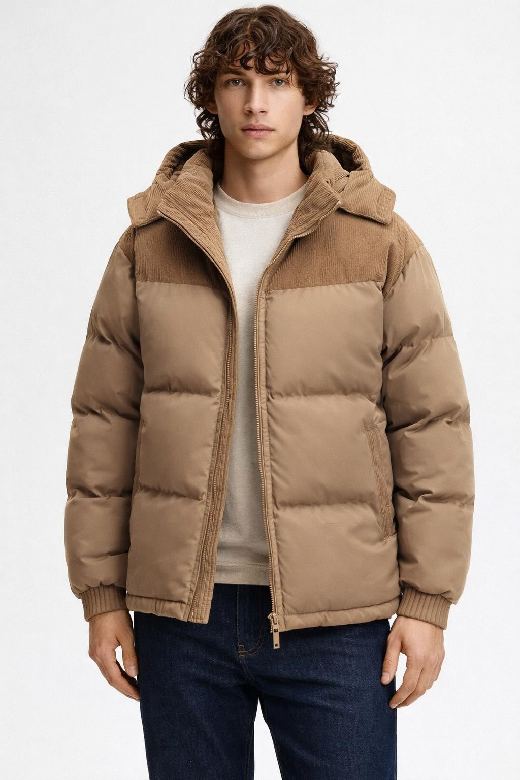Men's Padded Detachable Hood Jacket - Beige Brown