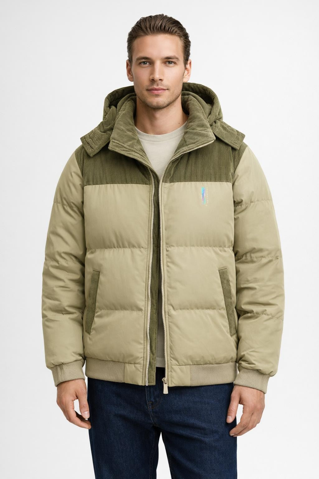 Quilted Colorblock Winter Jacket - Beige Brown