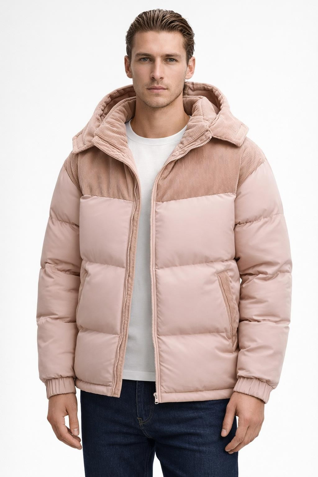 Colorblock Puffer Jacket with Removable Hood - Beige Brown