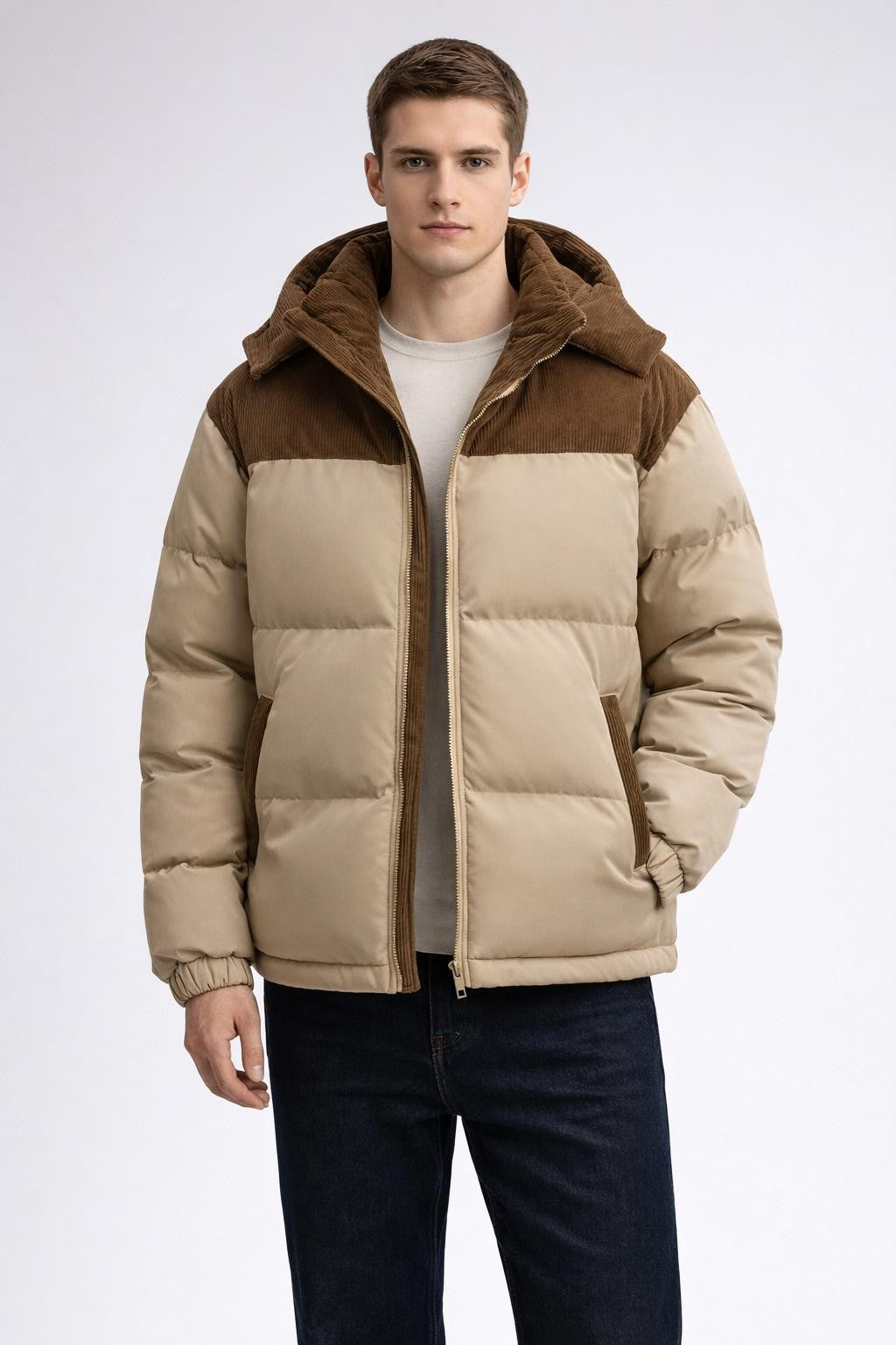 Puffer Jacket with Removable Hood - Beige Brown