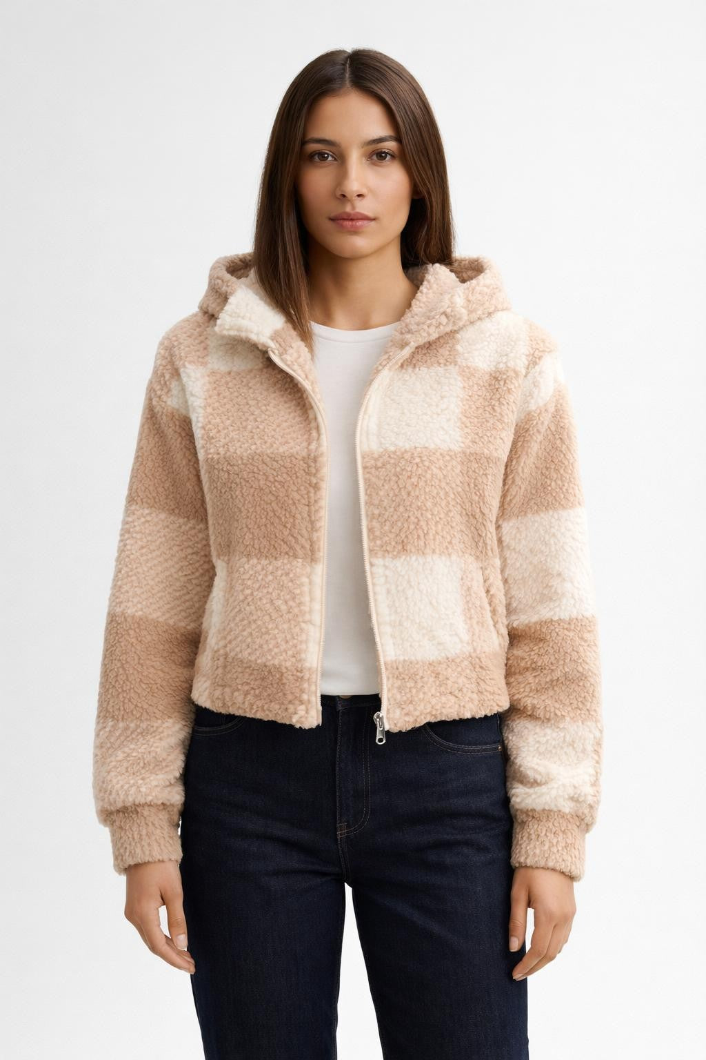 Plaid Zip-Up Strapless Jacket - Beige
