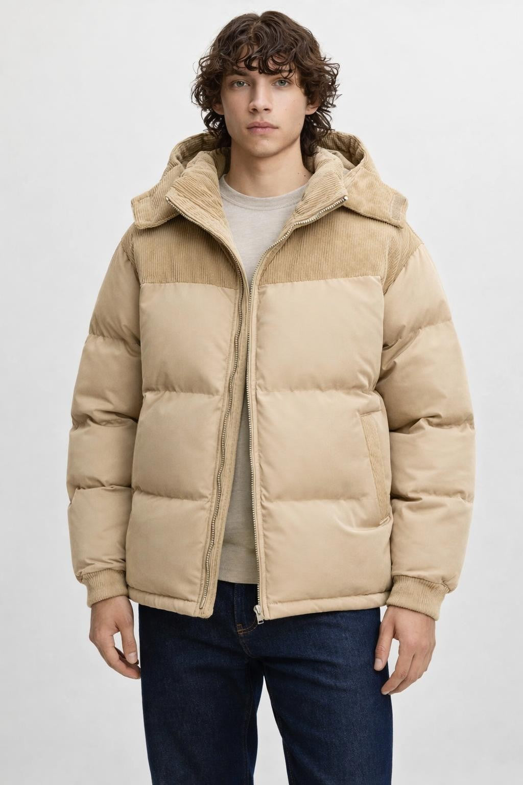 Plus Size Colorblock Winter Jacket - Beige