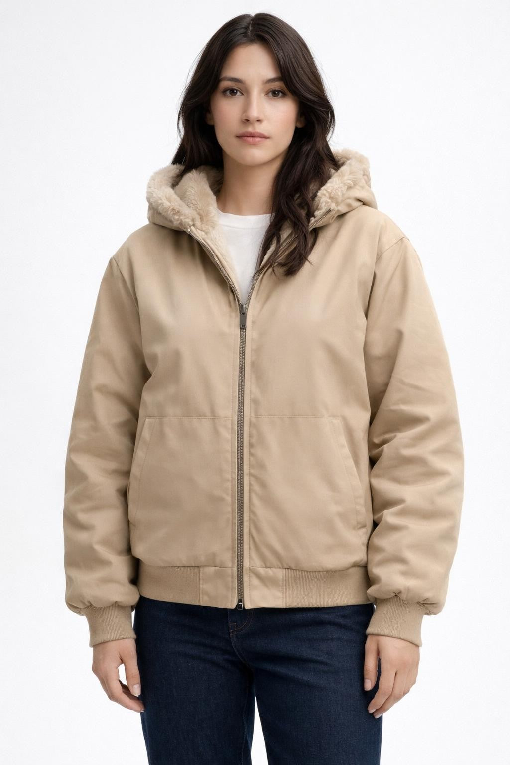 Reversible Faux Fur Lined Jacket - Beige