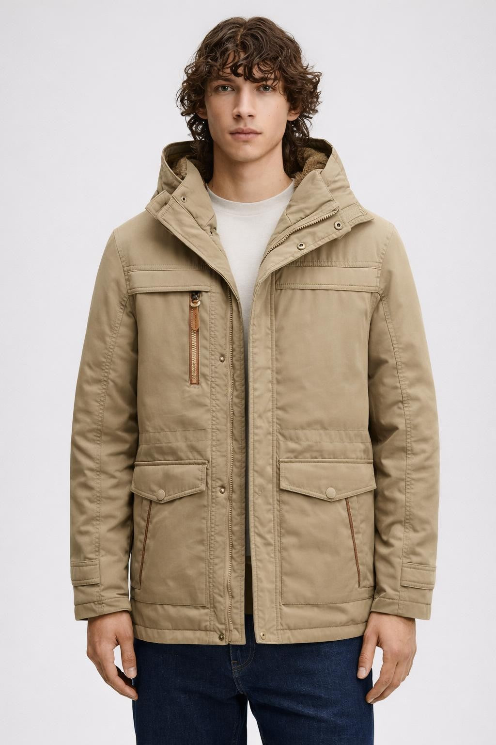 Men's Thick Fleece Winter Jacket - Beige