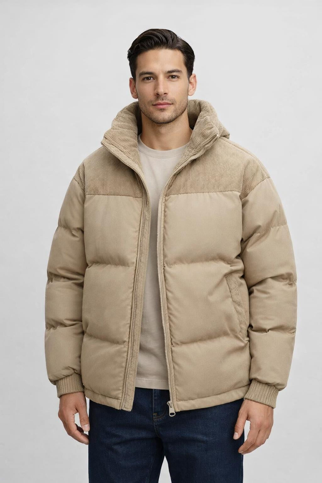 Men's Padded Stand Collar Jacket - Beige
