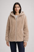 Plush Zip-Up Coat with Stand Collar - Beige