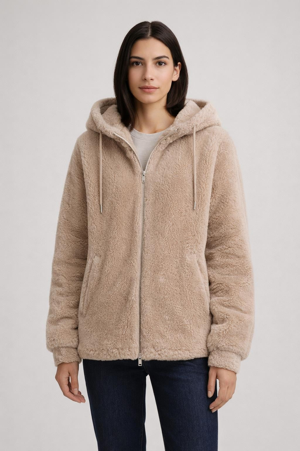 Plush Zip-Up Coat with Stand Collar - Beige
