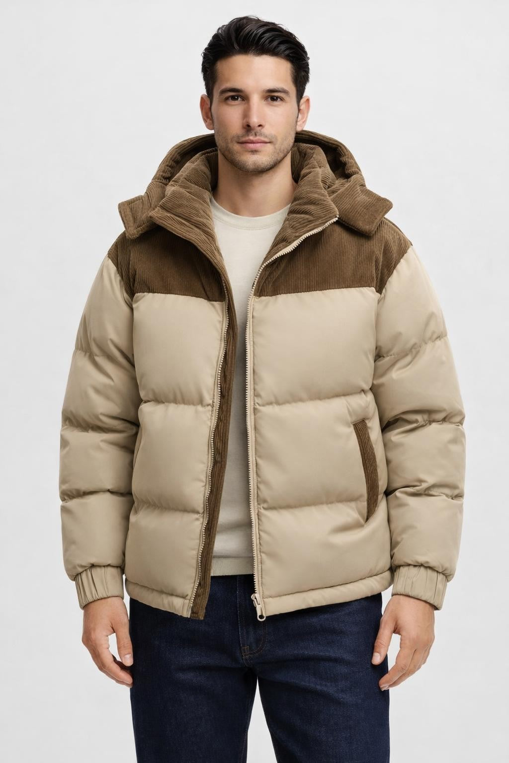 Thick Contrast Zip-Up Jacket - Beige