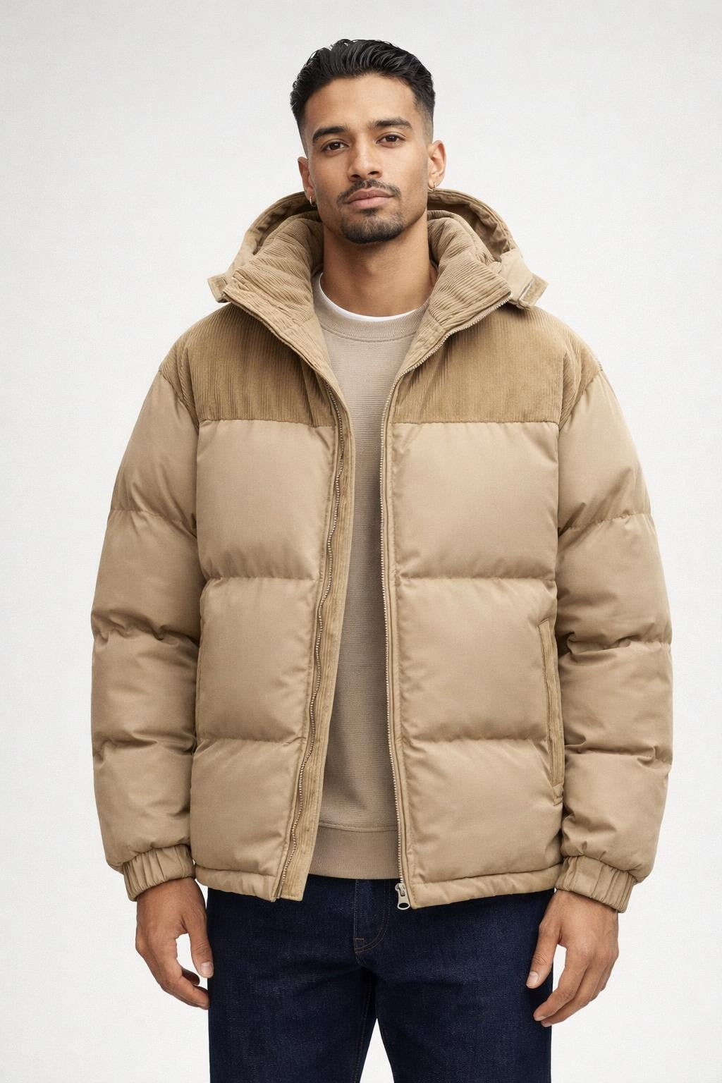 Padded Patchwork Coat with Contrast Panels - Beige