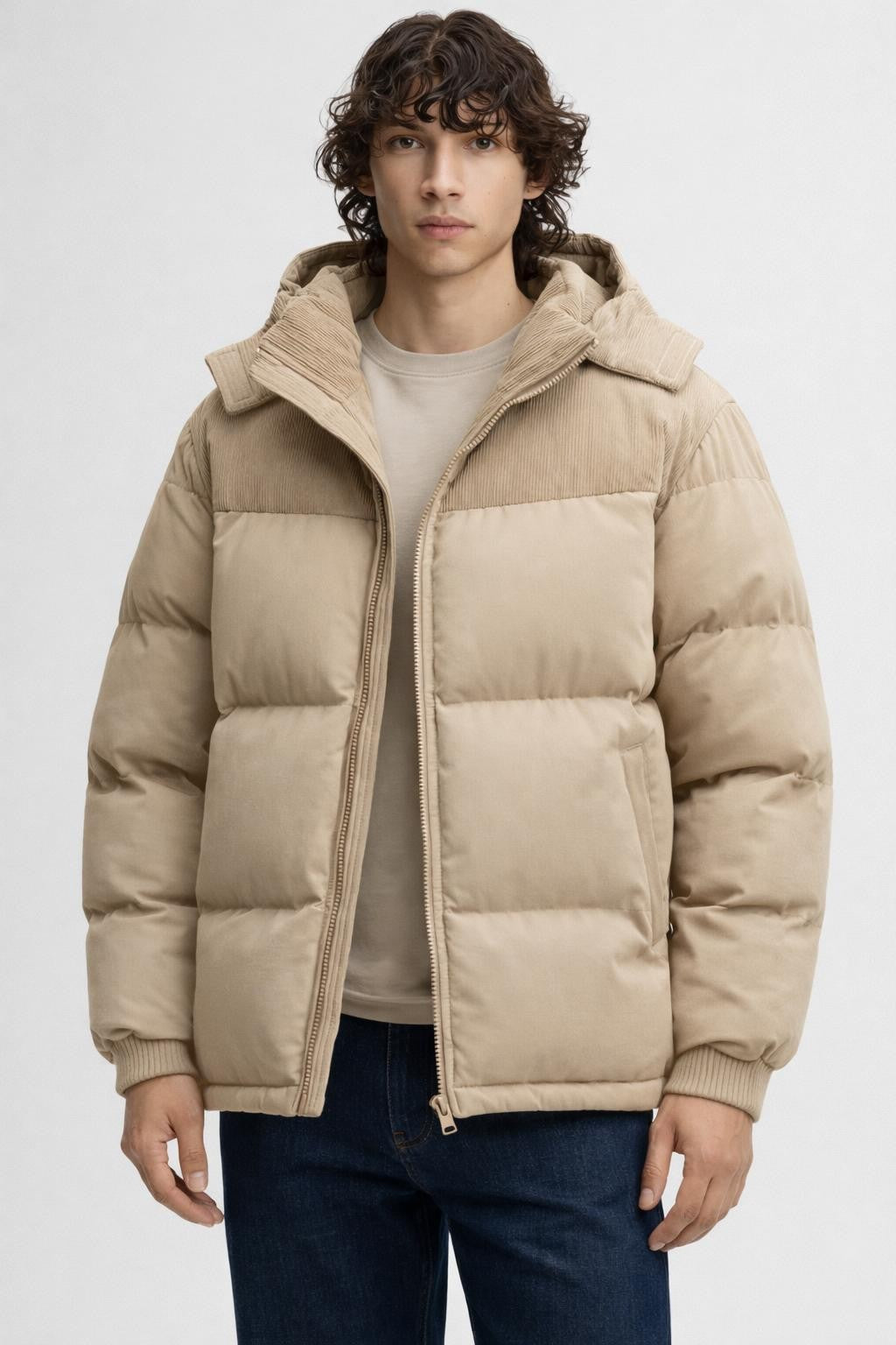 Men's Quilted Corduroy Winter Jacket - Beige