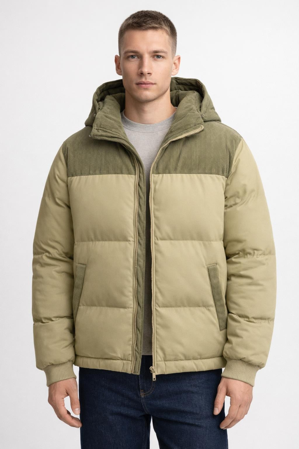 Thick Colorblock Parka with Removable Hood - Beige