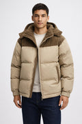 Men's Slim Fit Hooded Puffer Jacket - Beige