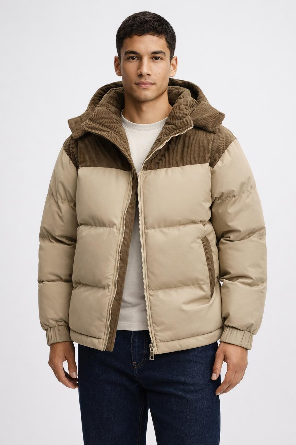 Men's Slim Fit Hooded Puffer Jacket - Beige