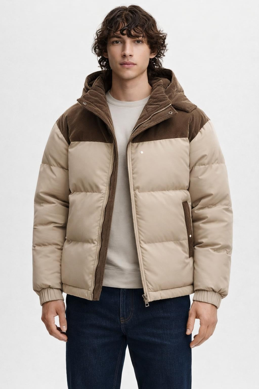 Padded Colorblock Winter Jacket - Beige