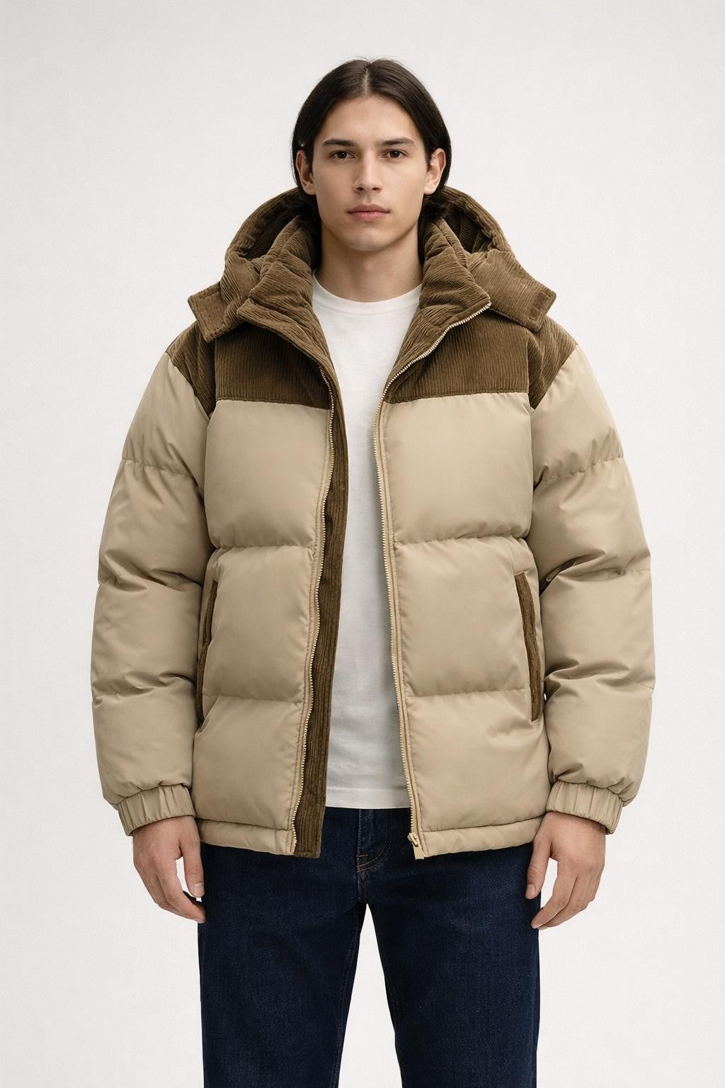 Plus Size Colorblock Winter Jacket - Beige