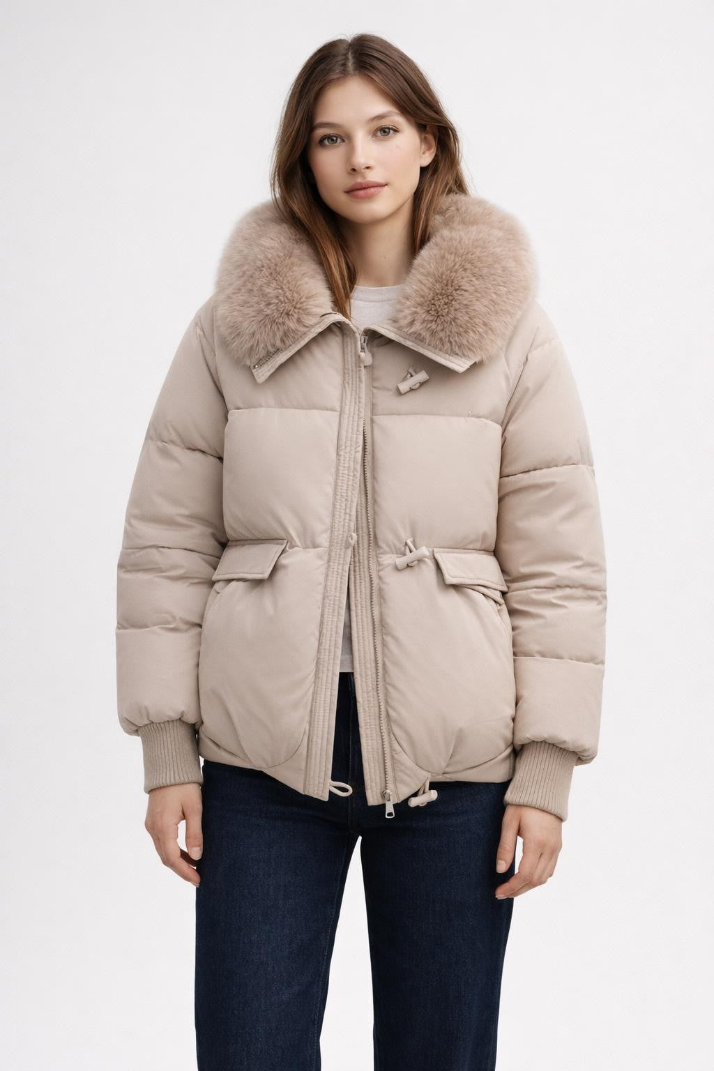 Puffer Jacket with Detachable Hood - Beige