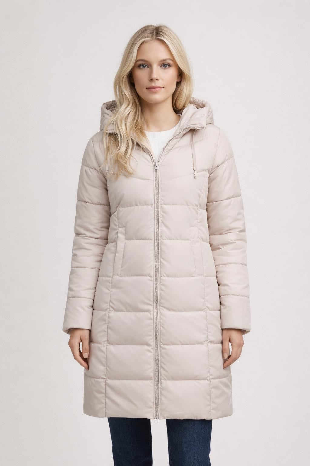 Mid-Length Puffer Jacket with Drawstring - Beige