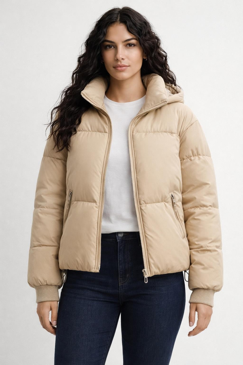Padded Winter Jacket with Stand Collar - Beige