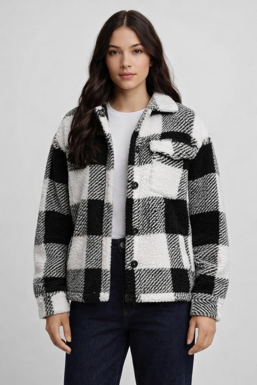 Casual Checked Collar Jacket - Black White