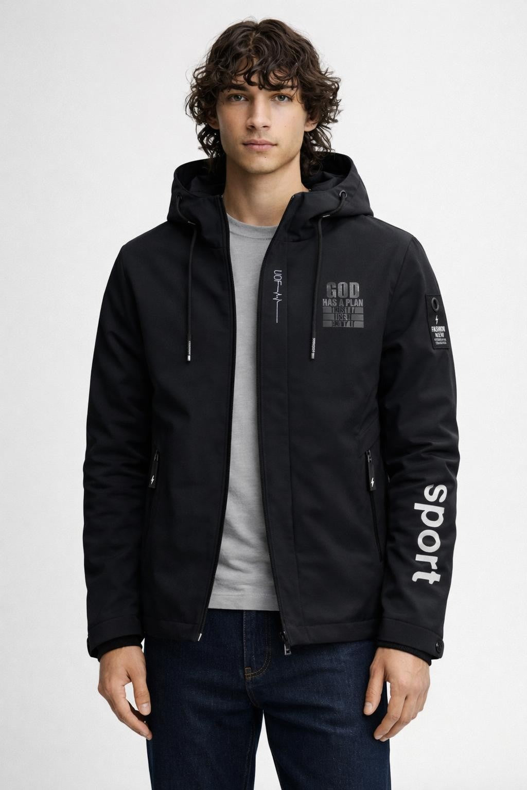 Men's Outdoor Climbing Jacket with Print - Black