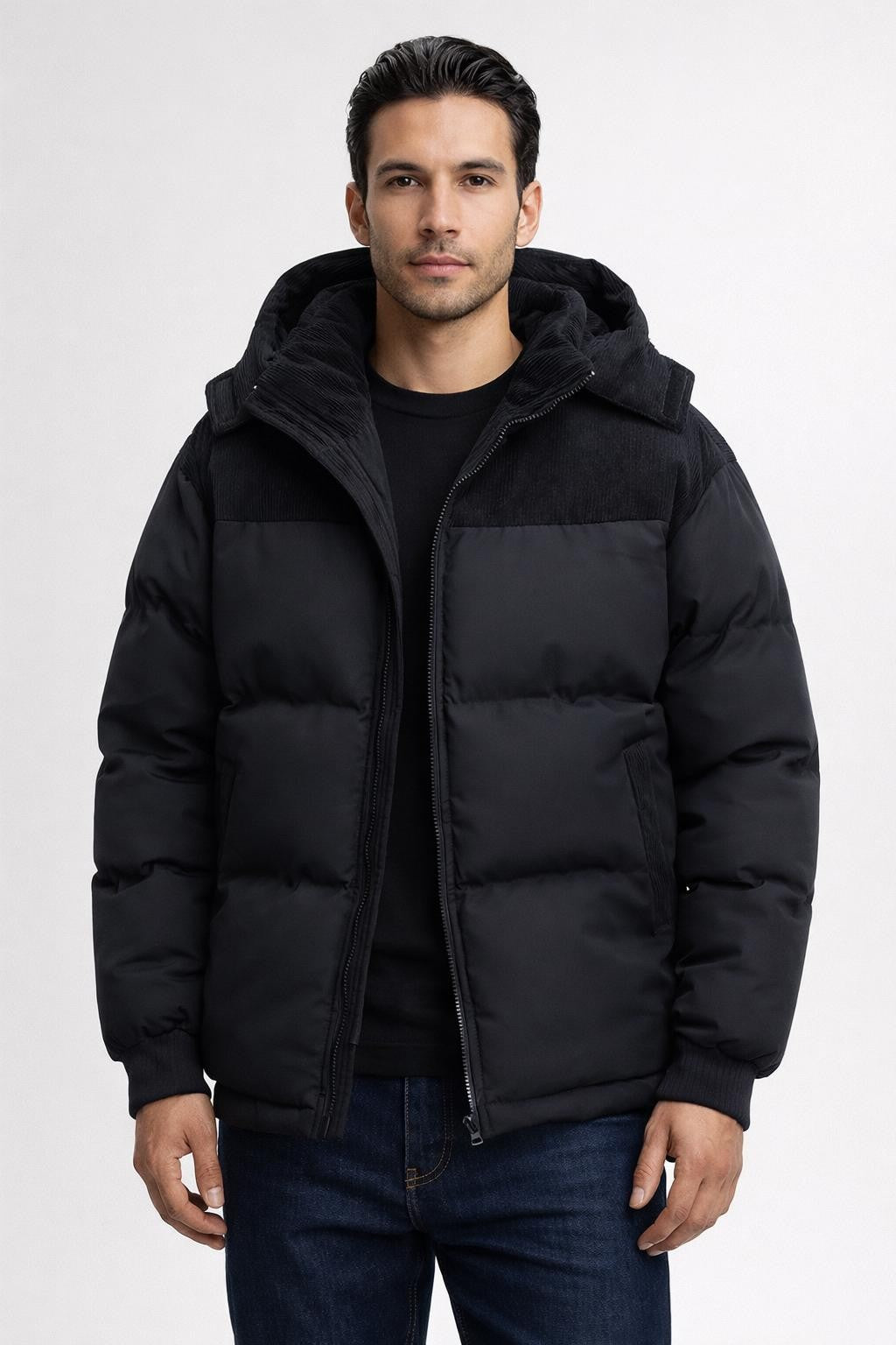 Thick Contrast Zip-Up Jacket - Black