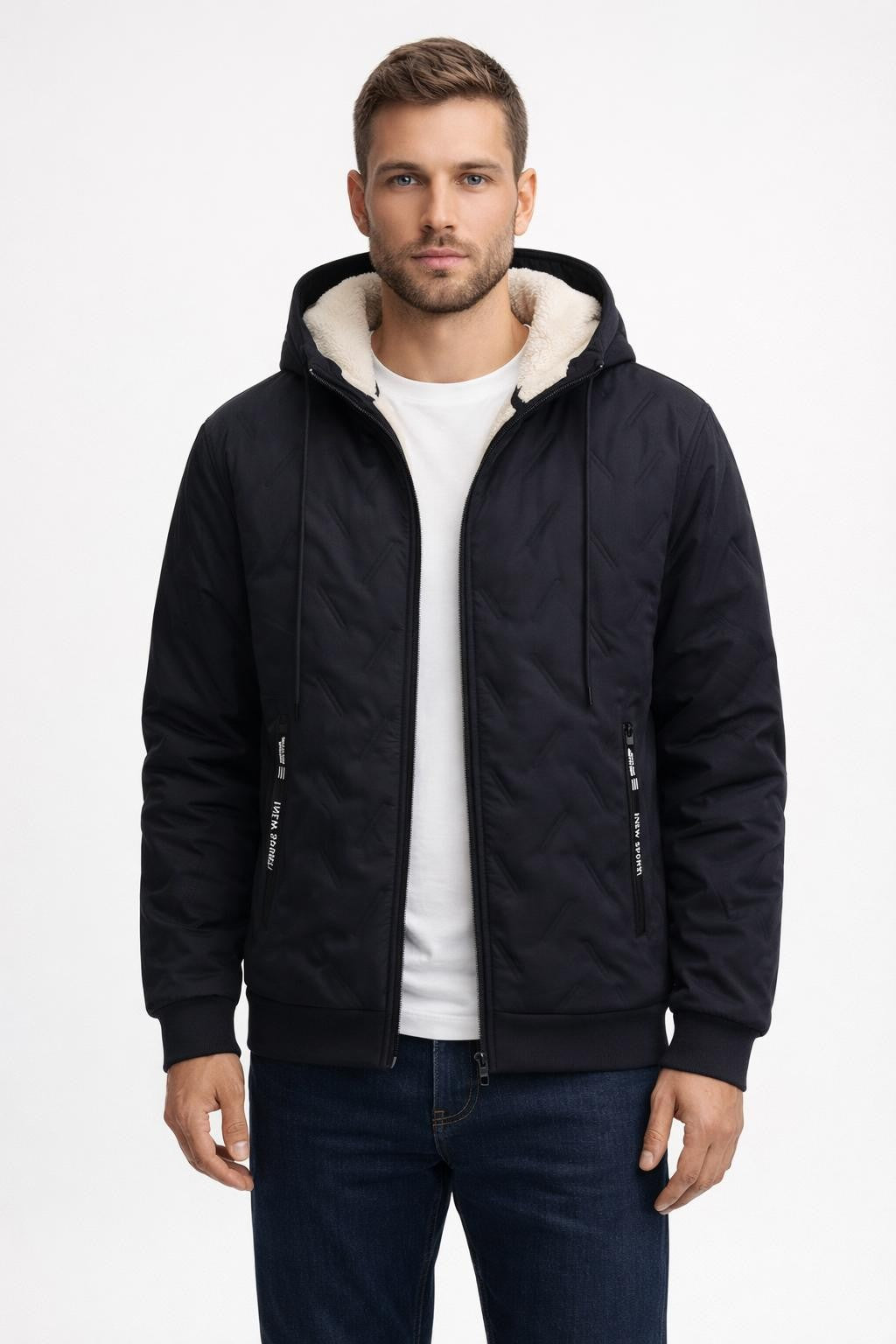 Men's Padded Winter Jacket with Zipper - Black