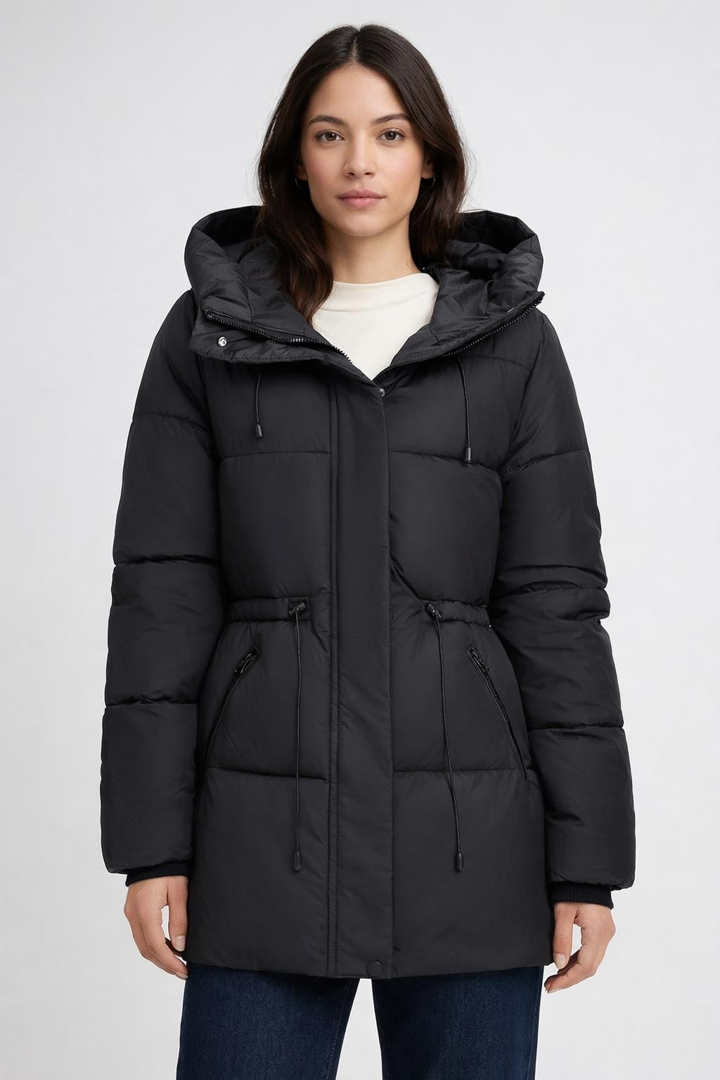 Quilted Waist-Adjustable Winter Jacket - Black
