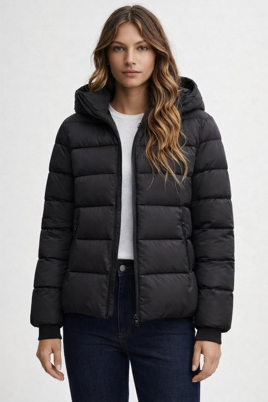 A-Line Winter Jacket with Stand Collar - Black