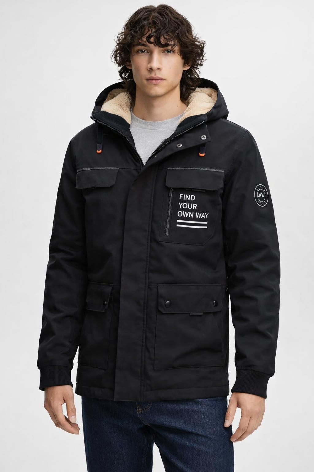 Padded Winter Jacket with Hood - Black