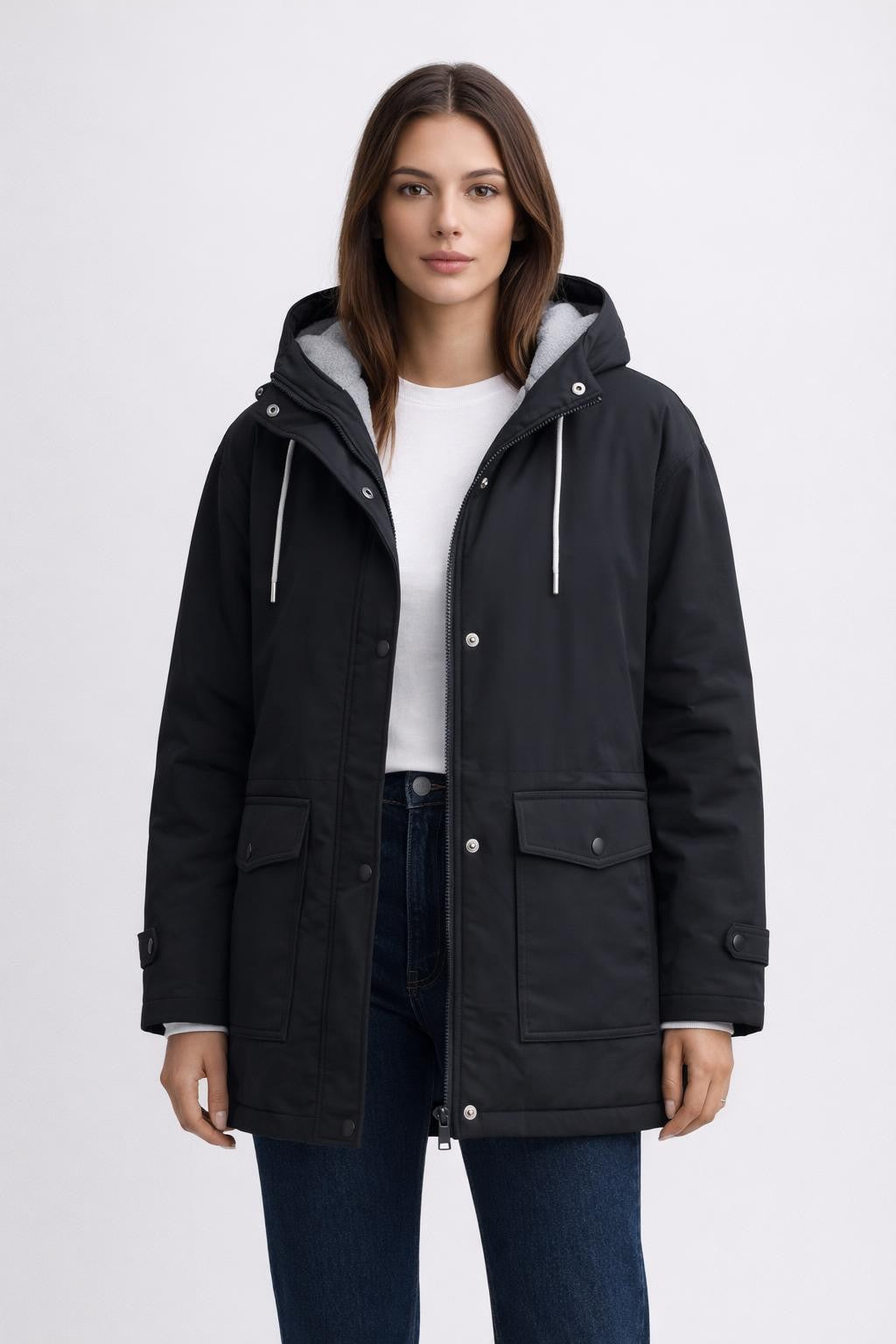 Fleece-Lined Casual Winter Jacket - Black