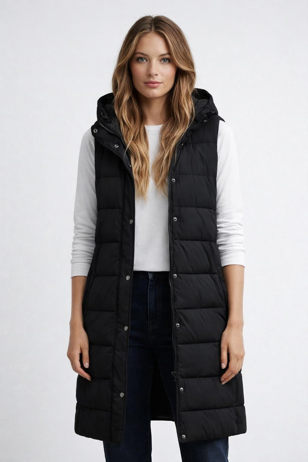 Quilted Hooded Sleeveless Vest - Black