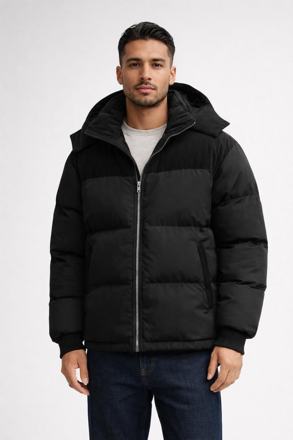 Padded Patchwork Coat with Contrast Panels - Black