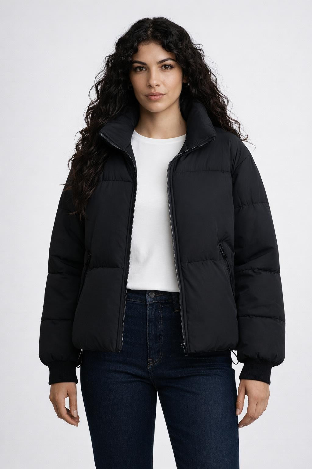 Padded Winter Jacket with Stand Collar - Black