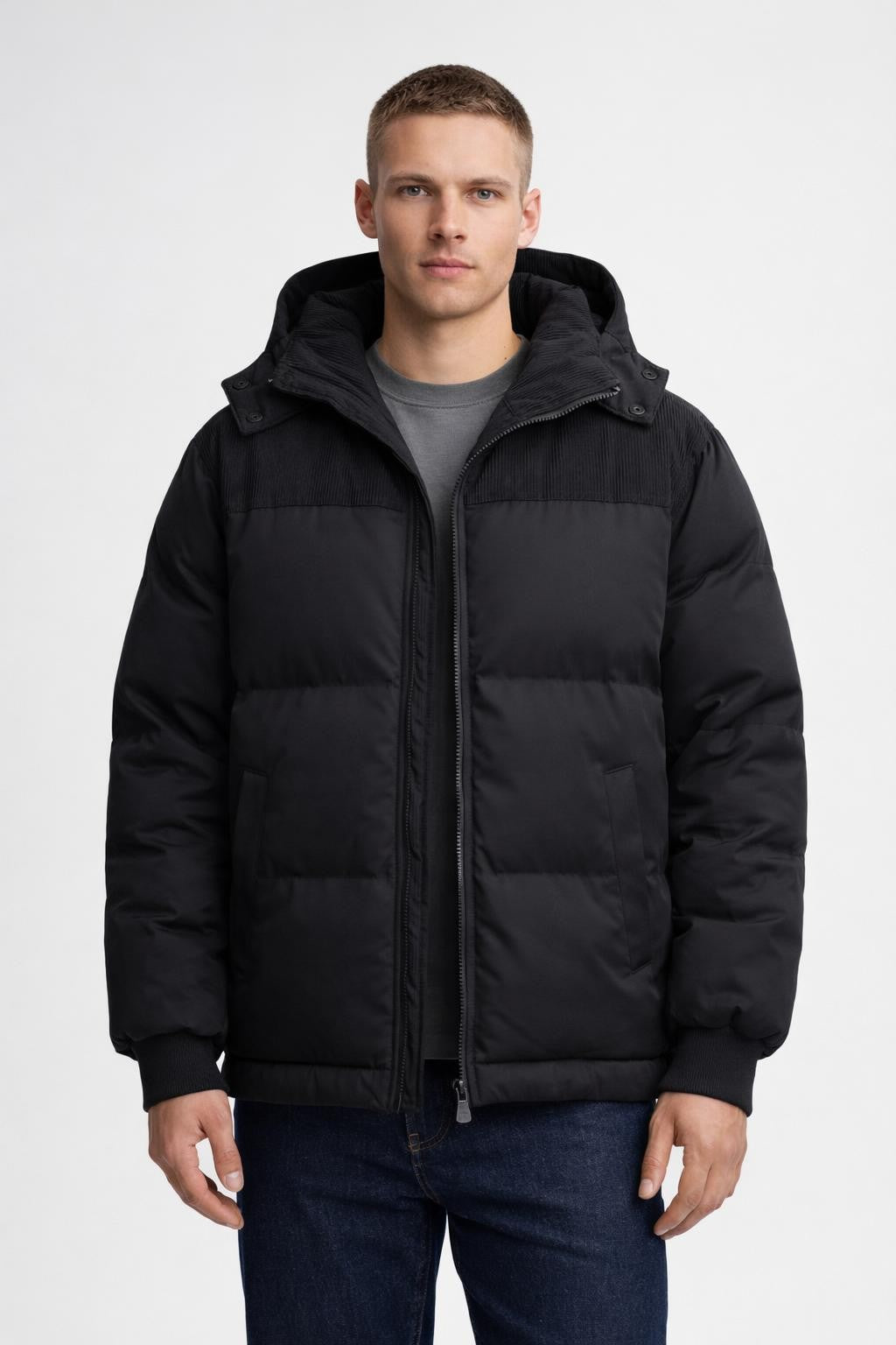 Thick Colorblock Parka with Removable Hood - Black