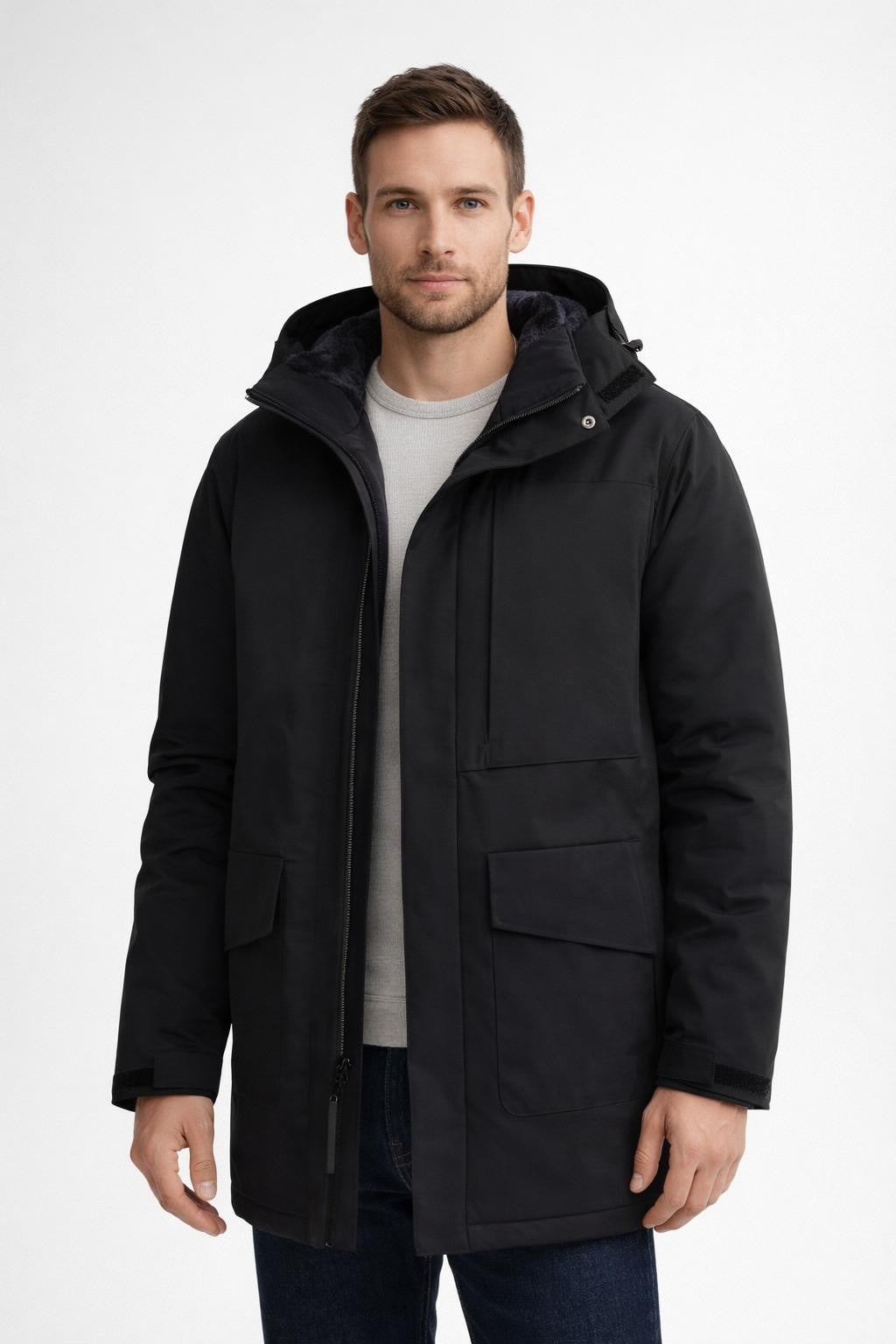 Men's Padded Fleece Jacket Mid-Length - Black