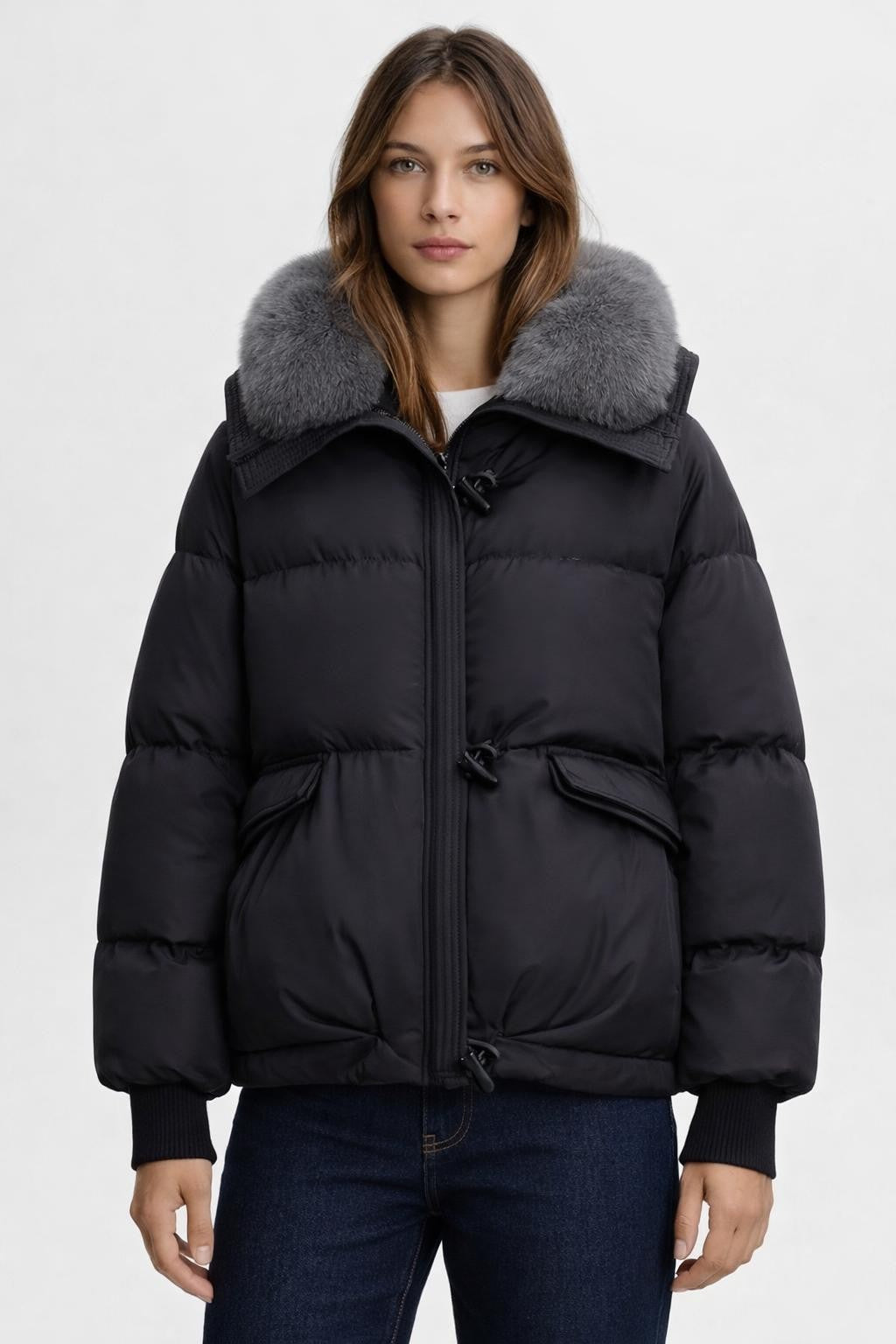 Puffer Jacket with Detachable Hood - Black