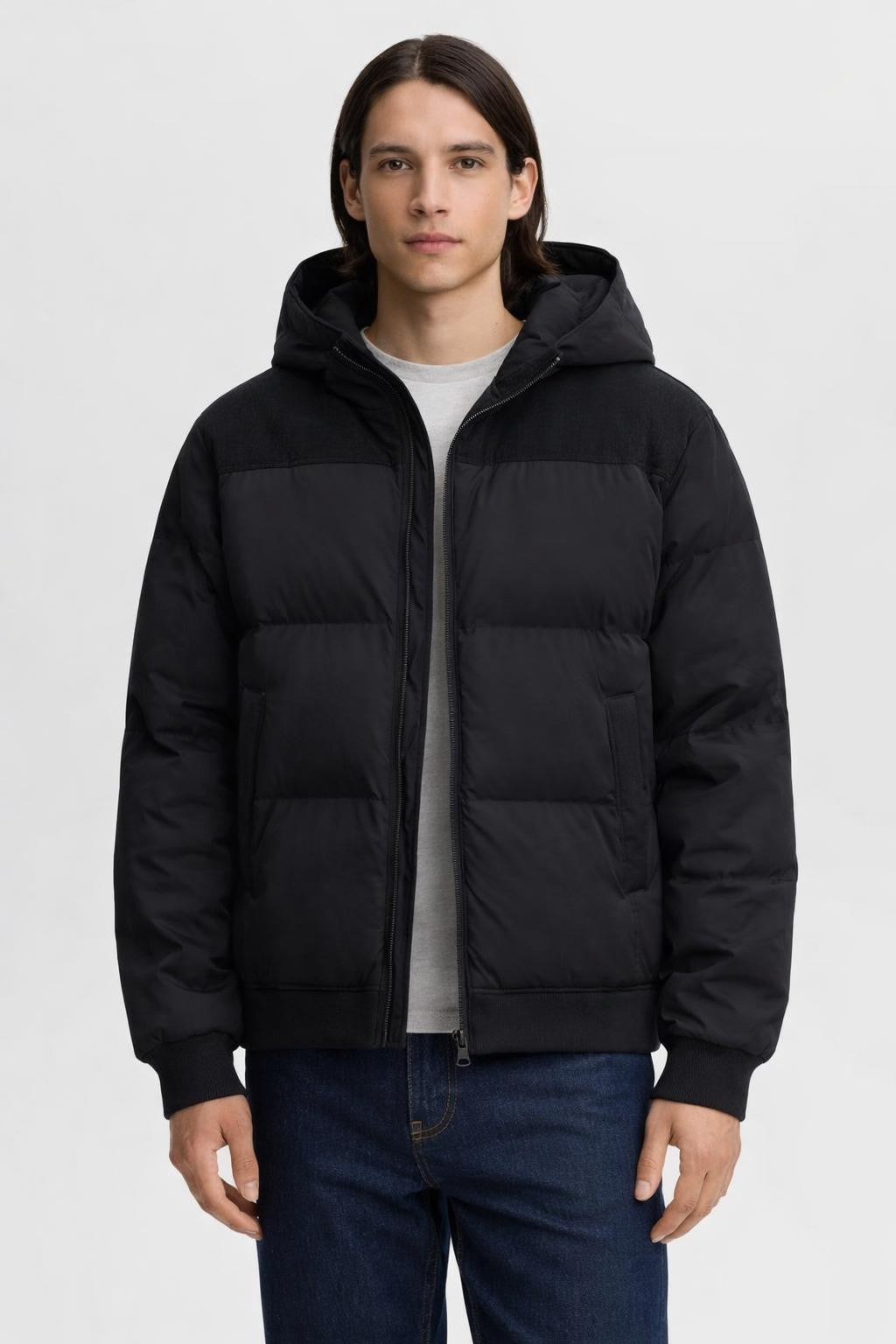 Men's Padded Winter Jacket with Detachable Hood - Black