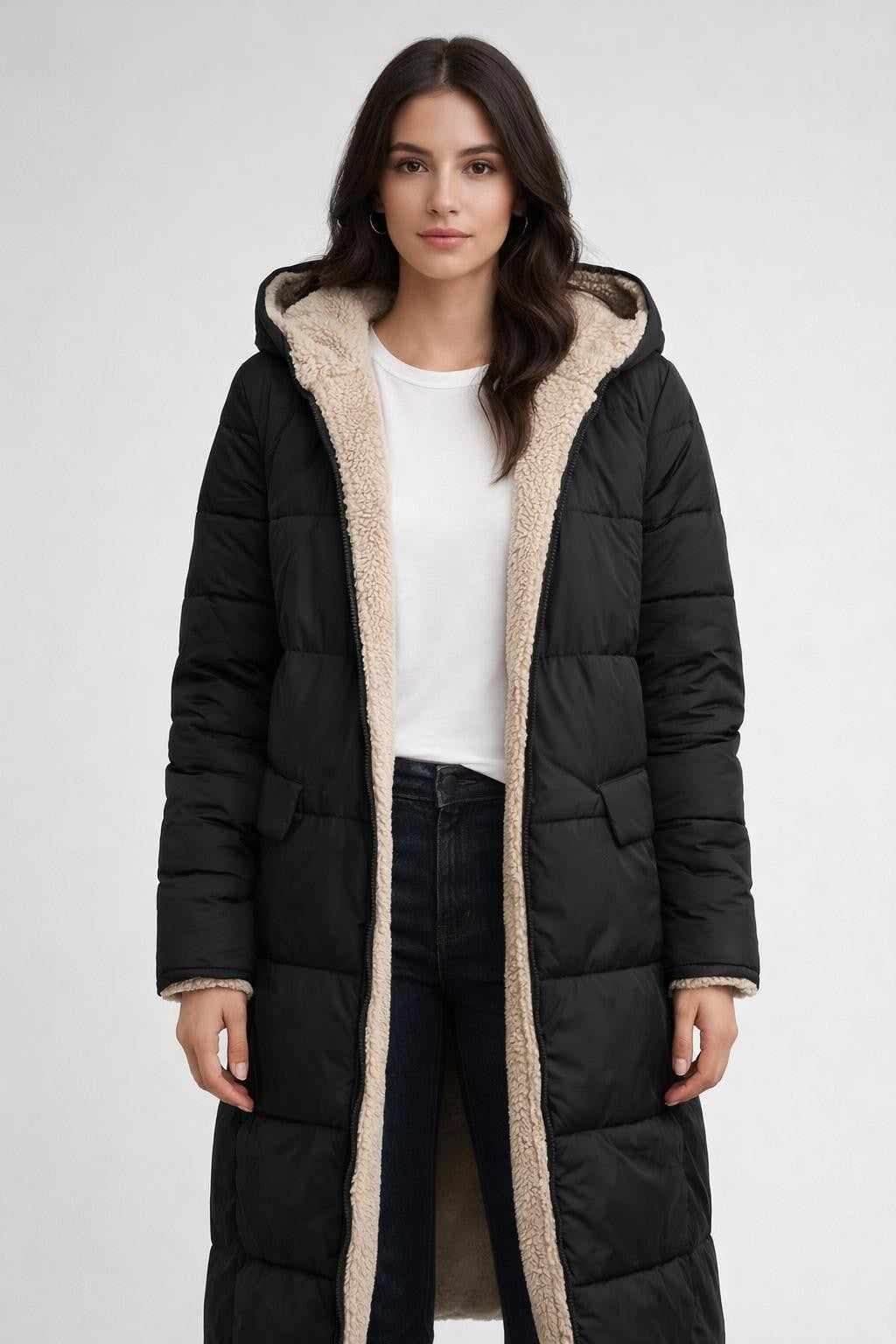 Extended Fleece Double-Sided Winter Coat - Black