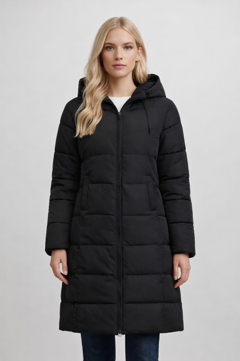 Mid-Length Puffer Jacket with Drawstring - Black