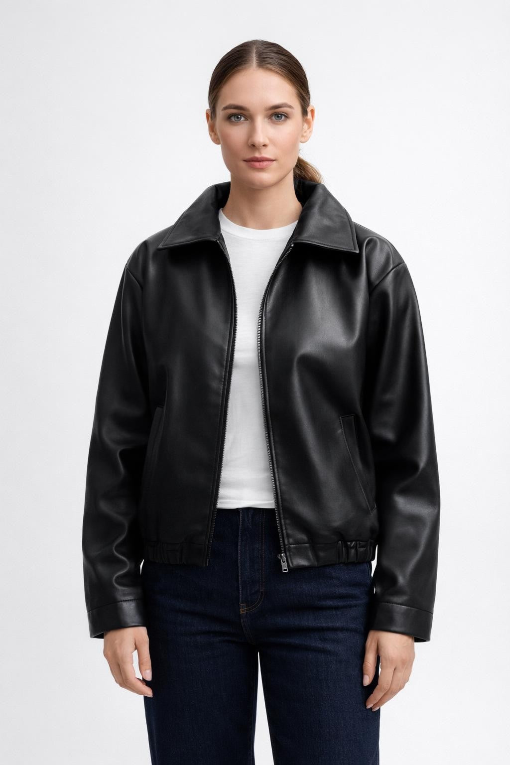 Women's Sleek PU Jacket for Versatile Wear - Black
