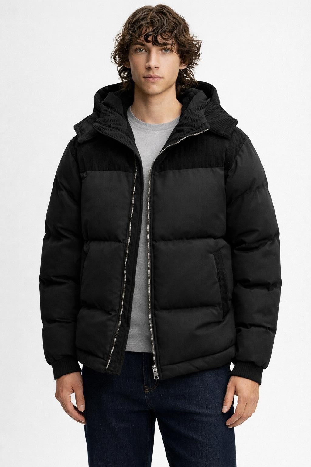 Men's Padded Detachable Hood Jacket - Black