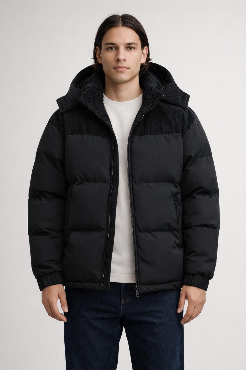 Plus Size Colorblock Winter Jacket - Black