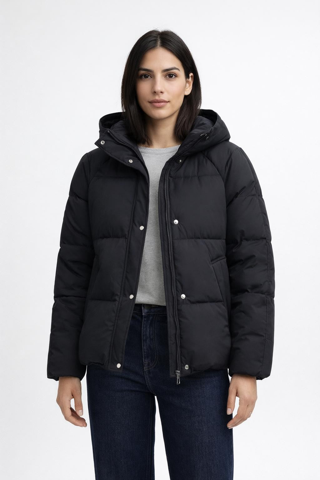 Casual Stretch Winter Jacket with Stand Collar - Black
