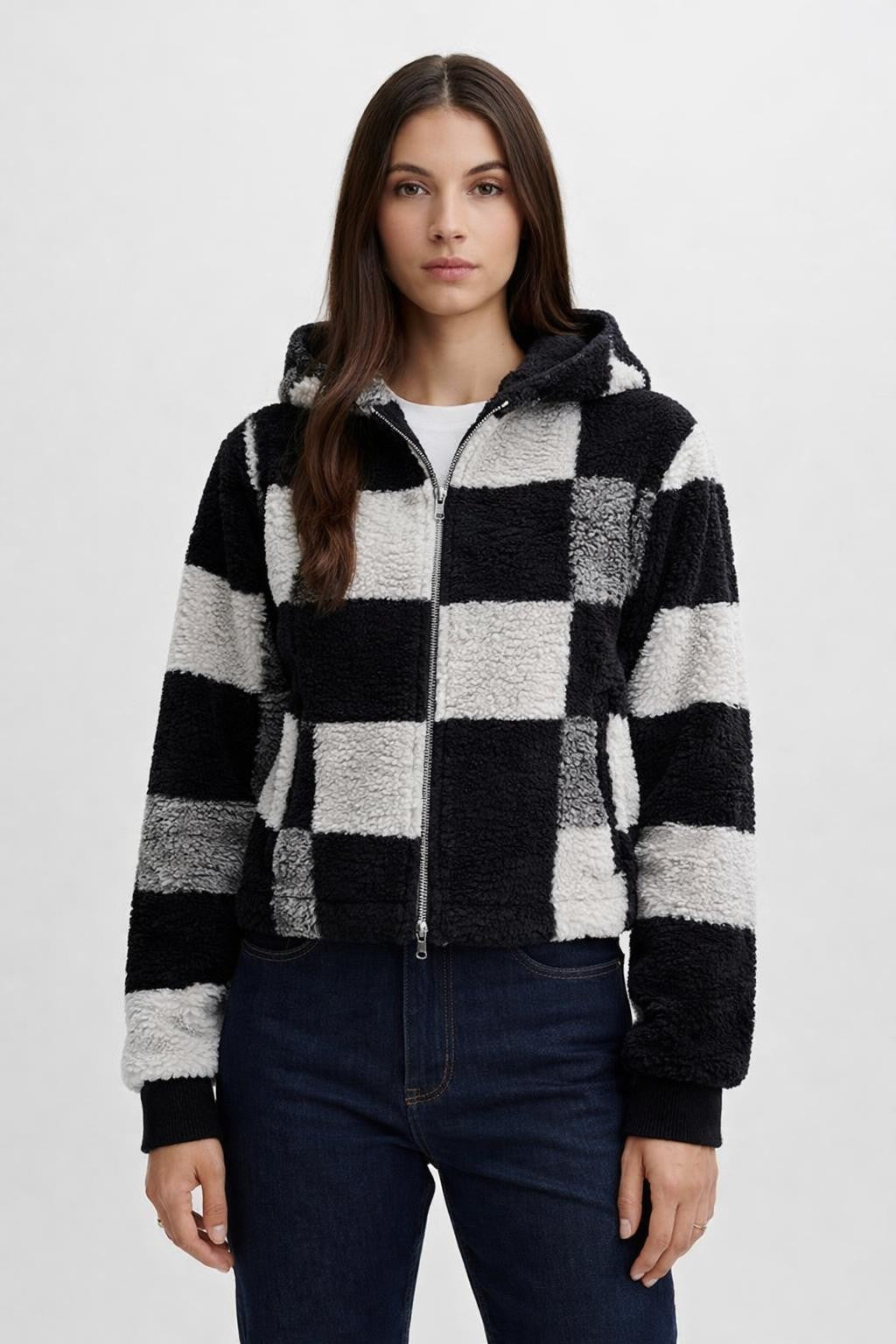 Plaid Zip-Up Strapless Jacket - Black