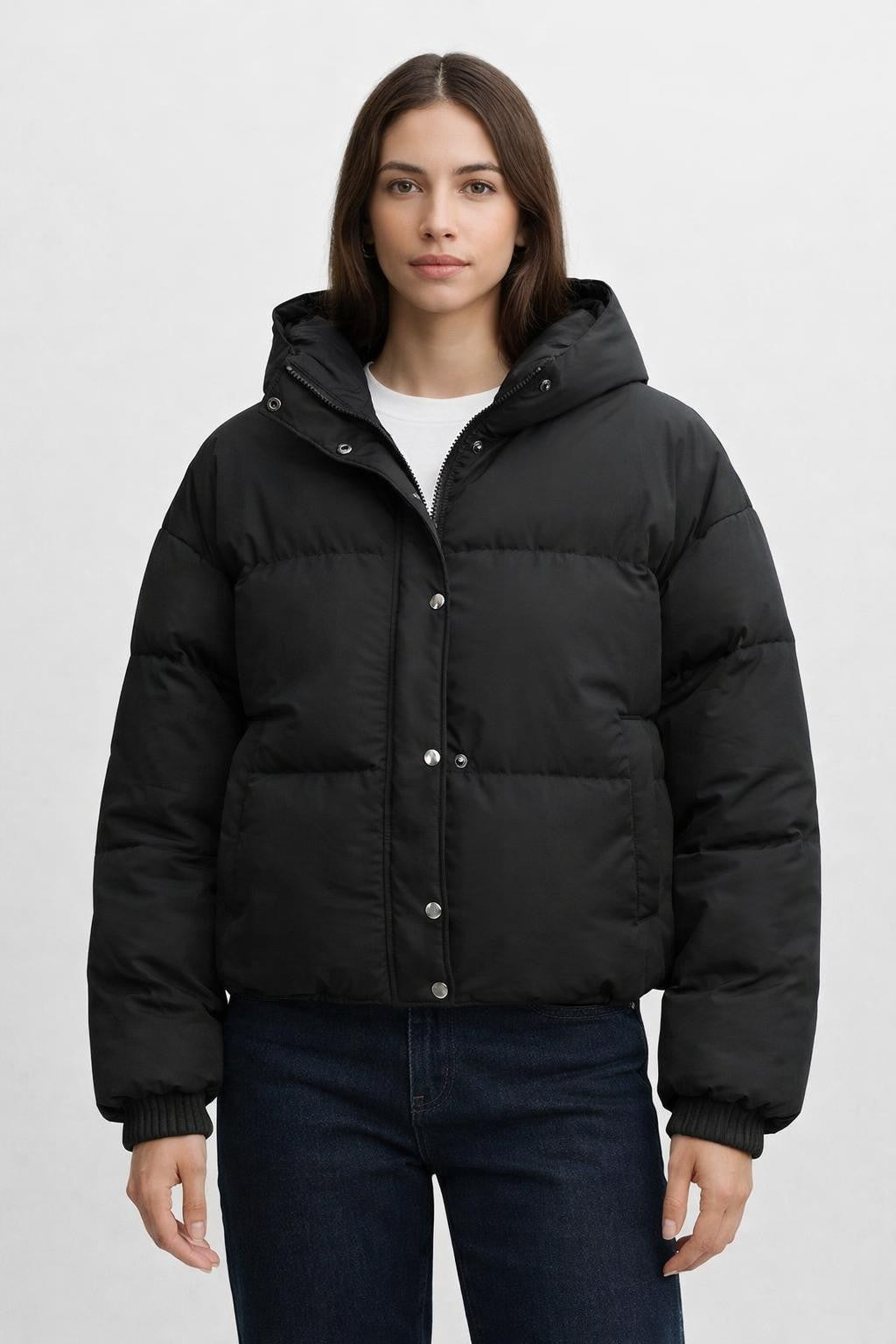 Warm Winter Jacket with Stand Collar - Black
